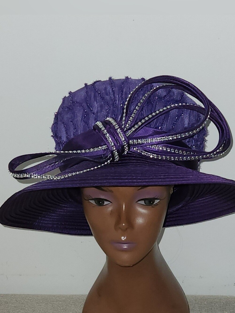 Vibrant Purple Texture Women's Hat With Bows & Scrolls Trimmed N Silver Sequins.